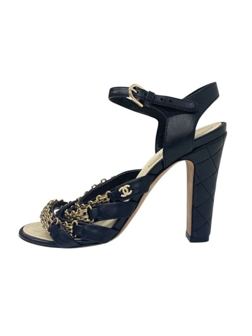 ★SOLD★ Chanel Sandals Shoes Leather Black Gold Coco Mark Chain Strap - Picture 3 of 9